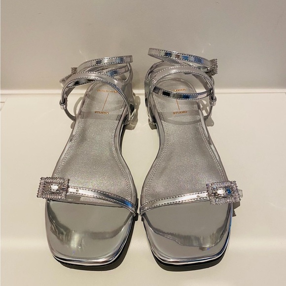 Brand new BLACK SUEDE STUDIO Metallic Leather Rhinestone-Embellished Sandals - Picture 3 of 9